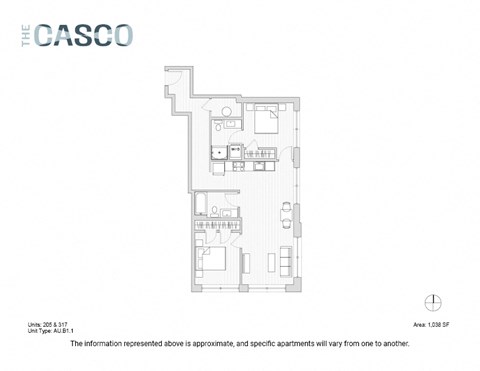 Floor plan for 2 beds, 2 baths, 1038 sqft